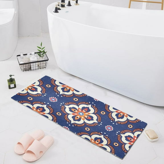 Bath Mat Soft Plush Non-Slip Absorbent Bathroom Rugs 39"x20" Folk Art Arabesque