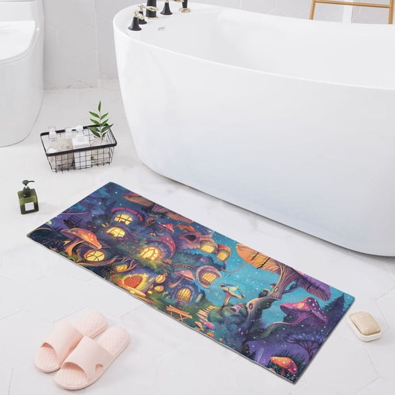 Bath Mat Soft Plush Non-Slip Absorbent Bathroom Rugs 39"x20" Forest Mushroom Houses