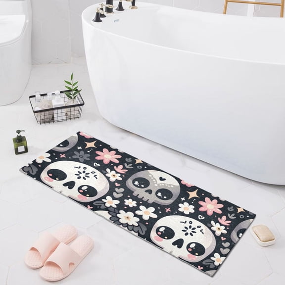 Bath Mat Soft Plush Non-Slip Absorbent Bathroom Rugs 39"x20" Funny Skull with Flower