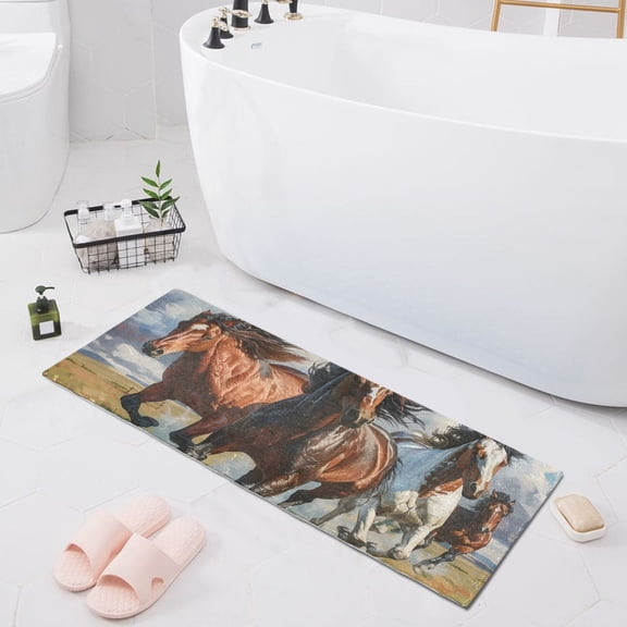 Bath Mat Soft Plush Non-Slip Absorbent Bathroom Rugs 39"x20" Galloping Horses on Grassland