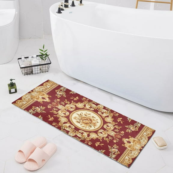 Bath Mat Soft Plush Non-Slip Absorbent Bathroom Rugs 39"x20" Gold Red Mandala
