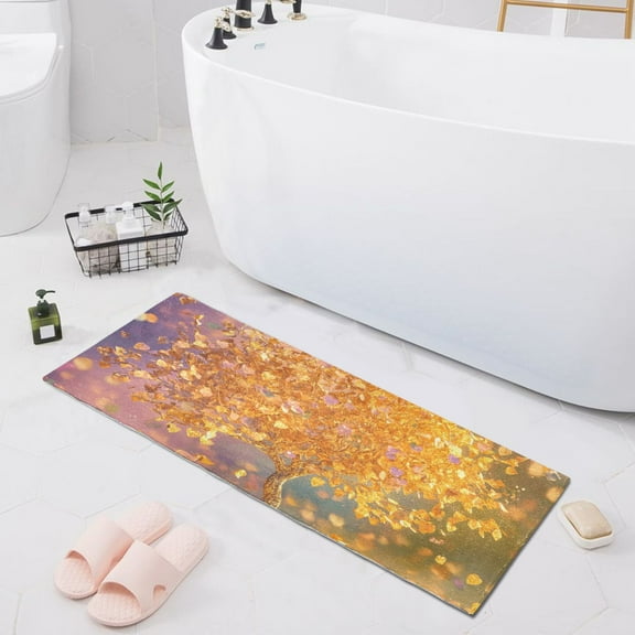Bath Mat Soft Plush Non-Slip Absorbent Bathroom Rugs 39"x20" Golden Tree with Leaves Falling