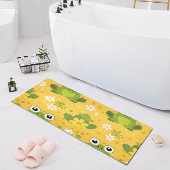 Bath Mat Soft Plush Non-Slip Absorbent Bathroom Rugs 39"x20" Green Frogs and Flowers