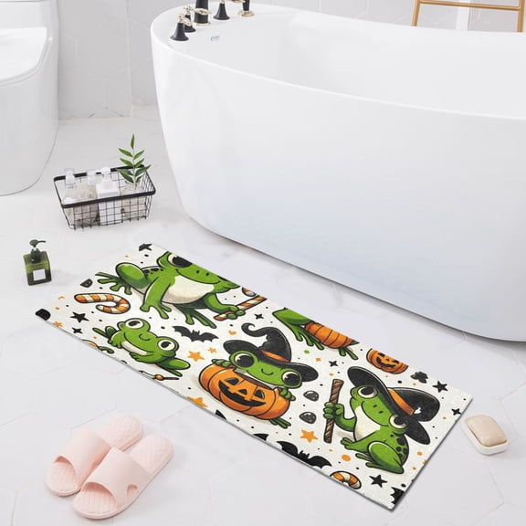 Bath Mat Soft Plush Non-Slip Absorbent Bathroom Rugs 39"x20" Halloween Frogs Pumpkin Candy
