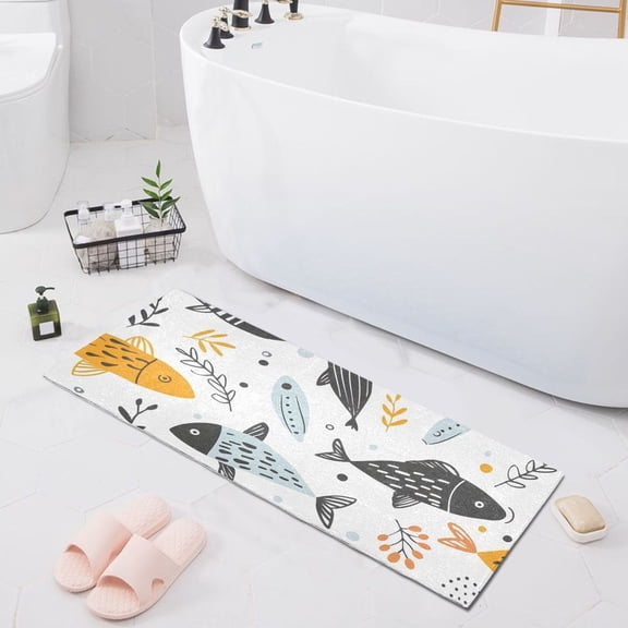 Bath Mat Soft Plush Non-Slip Absorbent Bathroom Rugs 39"x20" Hand Drawn Doodle Fish