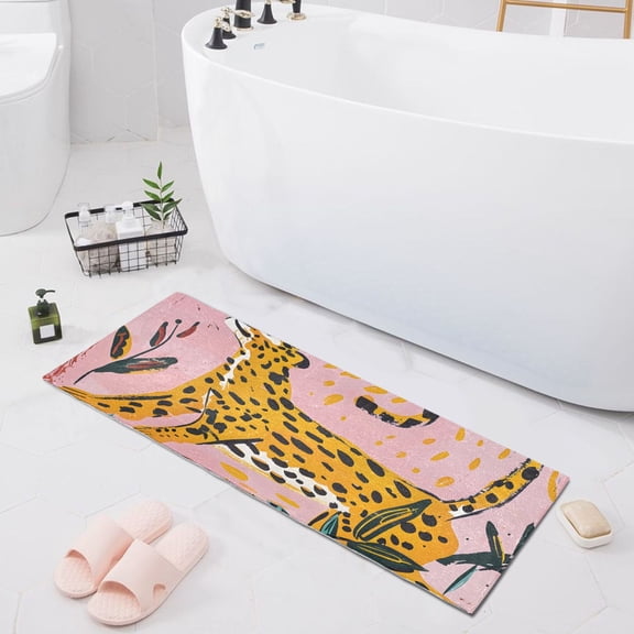 Bath Mat Soft Plush Non-Slip Absorbent Bathroom Rugs 39"x20" Hand Drawn Leopard