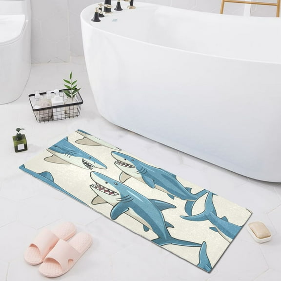 Bath Mat Soft Plush Non-Slip Absorbent Bathroom Rugs 39"x20" Happy Cartoon Sharks