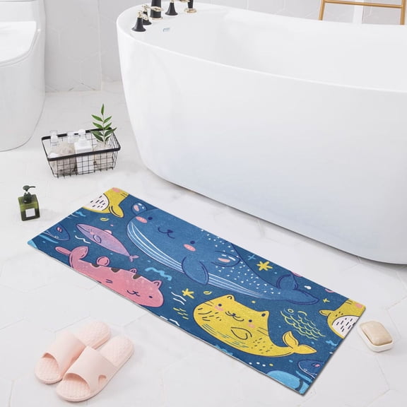 Bath Mat Soft Plush Non-Slip Absorbent Bathroom Rugs 39"x20" Happy Whale Fish