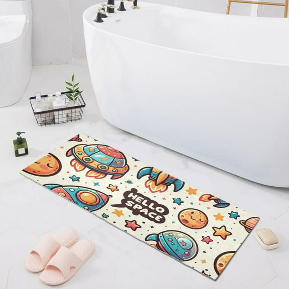Bath Mat Soft Plush Non-Slip Absorbent Bathroom Rugs 39"x20" Hello Space Spaceship Star