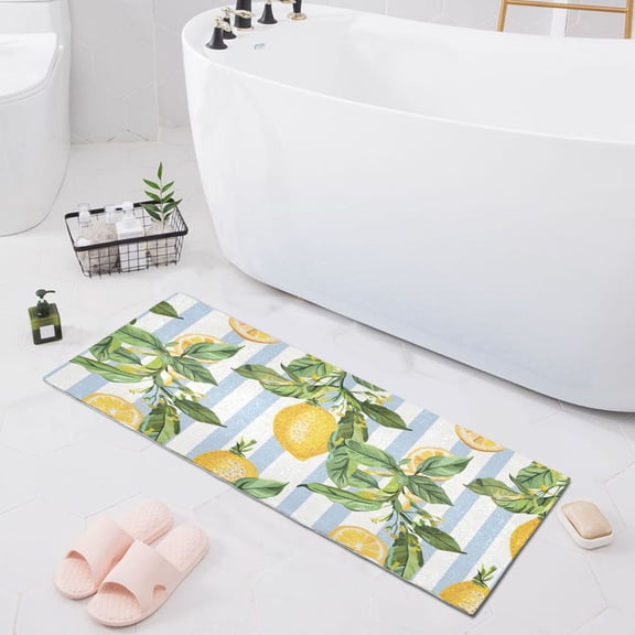 Bath Mat Soft Plush Non-Slip Absorbent Bathroom Rugs 39"x20" Lemon Slice and Leaves