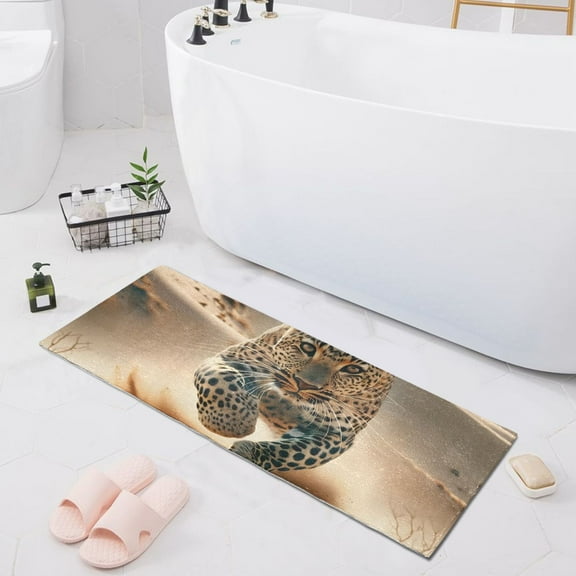 Bath Mat Soft Plush Non-Slip Absorbent Bathroom Rugs 39"x20" Leopard Rushing in Desert