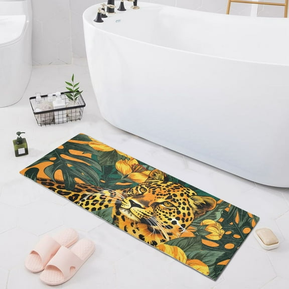 Bath Mat Soft Plush Non-Slip Absorbent Bathroom Rugs 39"x20" Leopard and Flower