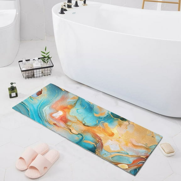 Bath Mat Soft Plush Non-Slip Absorbent Bathroom Rugs 39"x20" Light Blue and Gold Marble