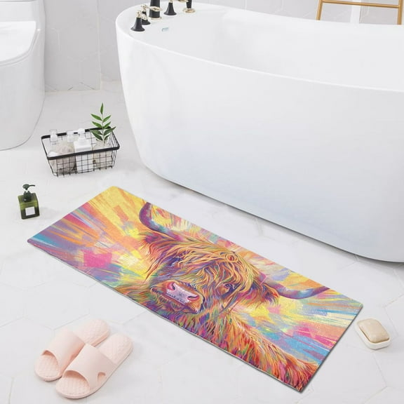 Bath Mat Soft Plush Non-Slip Absorbent Bathroom Rugs 39"x20" Long Hair Highland Cow Cattle