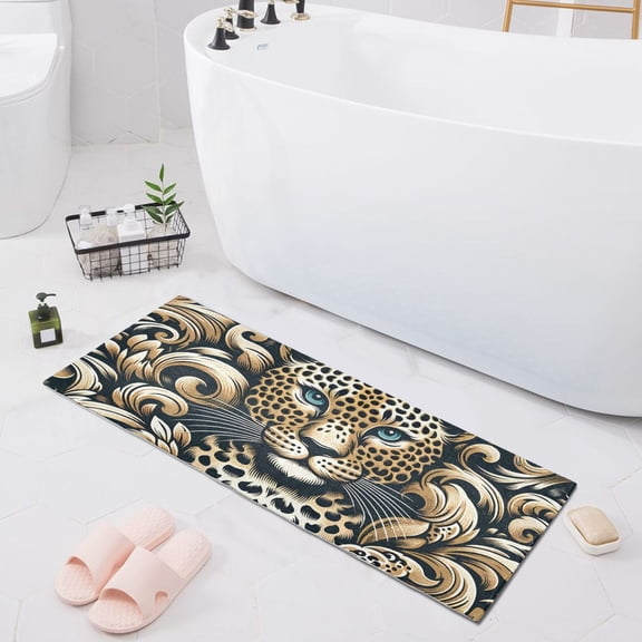 Bath Mat Soft Plush Non-Slip Absorbent Bathroom Rugs 39"x20" Luxury Leopard in Leaves