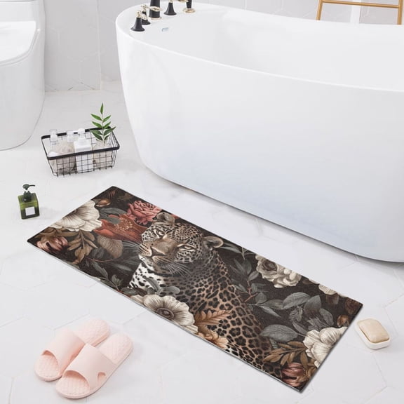 Bath Mat Soft Plush Non-Slip Absorbent Bathroom Rugs 39"x20" Luxury Leopard with Flowers