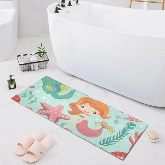 Bath Mat Soft Plush Non-Slip Absorbent Bathroom Rugs 39"x20" Mermaid Fish Seaweed