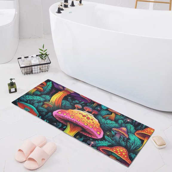 Bath Mat Soft Plush Non-Slip Absorbent Bathroom Rugs 39"x20" Mushroom and Leaves