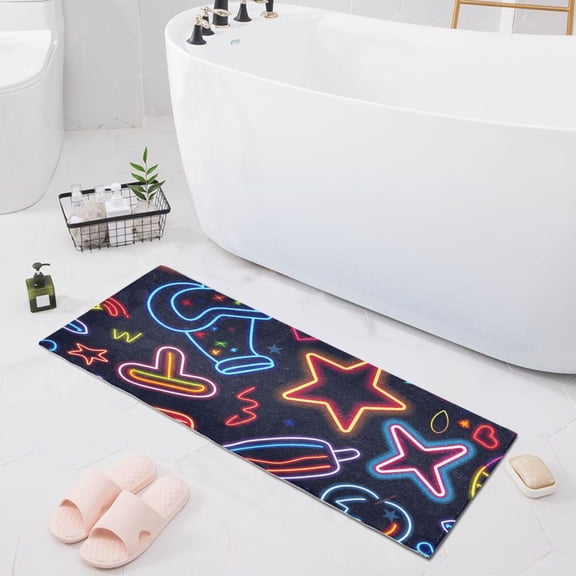 Bath Mat Soft Plush Non-Slip Absorbent Bathroom Rugs 39"x20" Neon Star Pepper Strawberry Apple