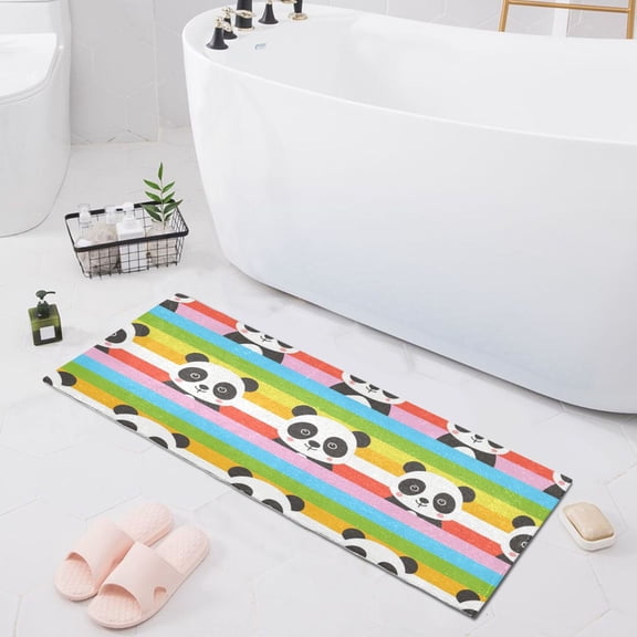 Bath Mat Soft Plush Non-Slip Absorbent Bathroom Rugs 39"x20" Panda with Rainbow Stripes