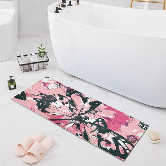 Bath Mat Soft Plush Non-Slip Absorbent Bathroom Rugs 39"x20" Pink Leopard Butterfly