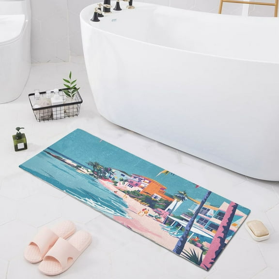 Bath Mat Soft Plush Non-Slip Absorbent Bathroom Rugs 39"x20" Pink Seaside Scenery