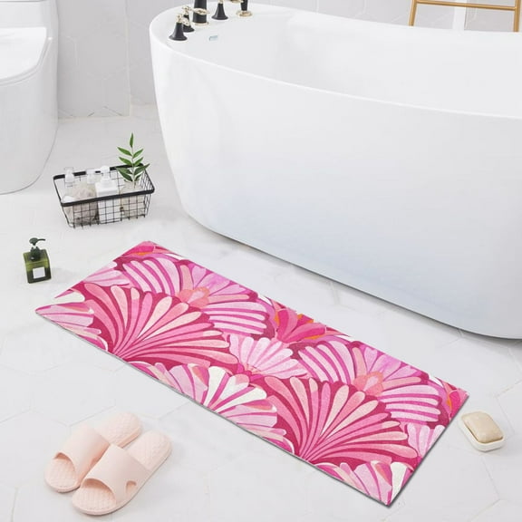 Bath Mat Soft Plush Non-Slip Absorbent Bathroom Rugs 39"x20" Pink Striped Shells