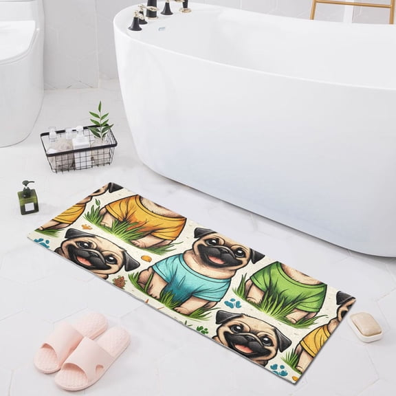 Bath Mat Soft Plush Non-Slip Absorbent Bathroom Rugs 39"x20" Pug Dogs on Grass