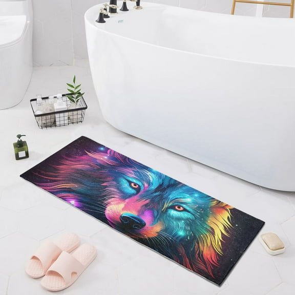 Bath Mat Soft Plush Non-Slip Absorbent Bathroom Rugs 39"x20" Rainbow Color Wolf