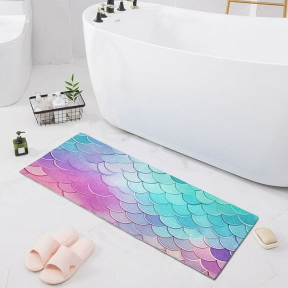 Bath Mat Soft Plush Non-Slip Absorbent Bathroom Rugs 39"x20" Rainbow Fish Scale