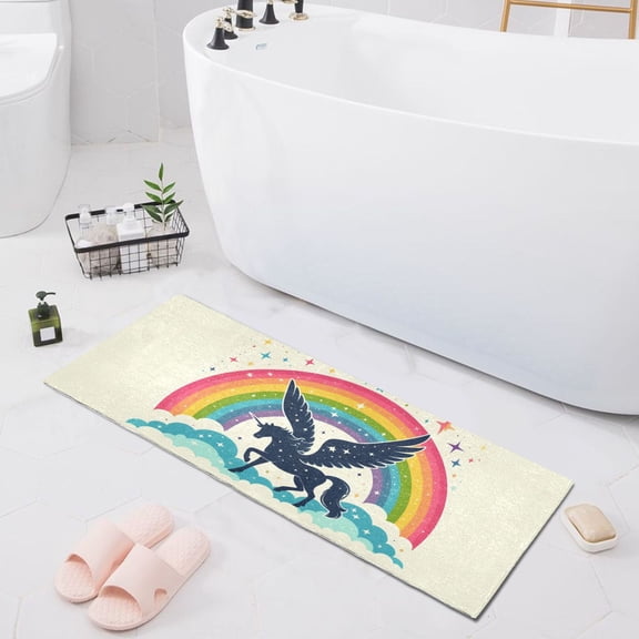 Bath Mat Soft Plush Non-Slip Absorbent Bathroom Rugs 39"x20" Rainbow and Unicorn Silhouette