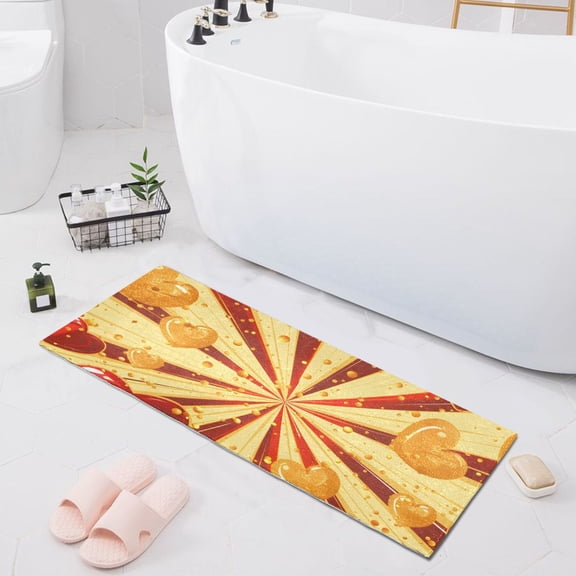 Bath Mat Soft Plush Non-Slip Absorbent Bathroom Rugs 39"x20" Red Gold Hearts and Ray