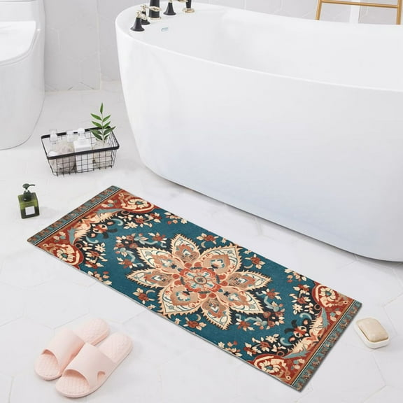 Bath Mat Soft Plush Non-Slip Absorbent Bathroom Rugs 39"x20" Red Mandala