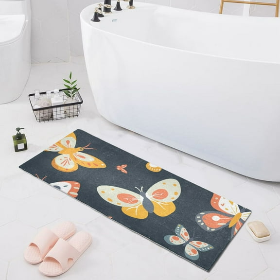 Bath Mat Soft Plush Non-Slip Absorbent Bathroom Rugs 39"x20" Red Yellow Grey Butterflies