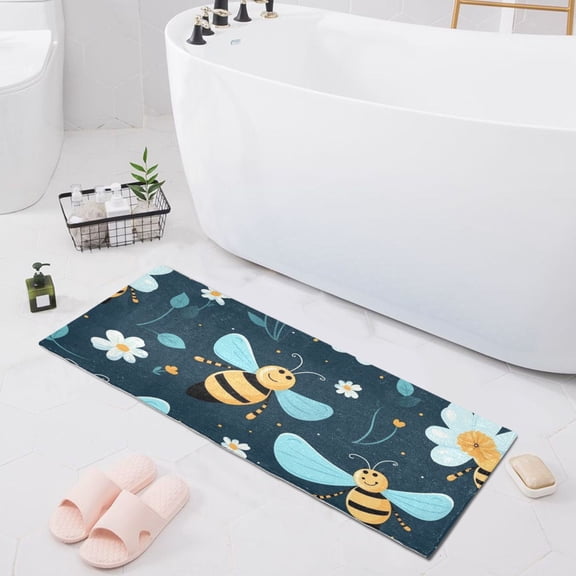 Bath Mat Soft Plush Non-Slip Absorbent Bathroom Rugs 39"x20" Rejoice Bee with Flower