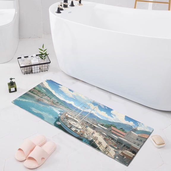 Bath Mat Soft Plush Non-Slip Absorbent Bathroom Rugs 39"x20" Sailing Boats Docked in Town