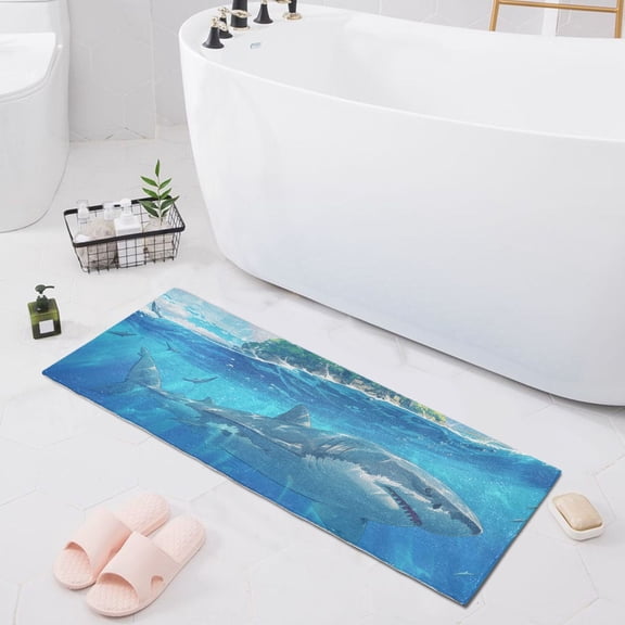 Bath Mat Soft Plush Non-Slip Absorbent Bathroom Rugs 39"x20" Shark Swimming and Islands