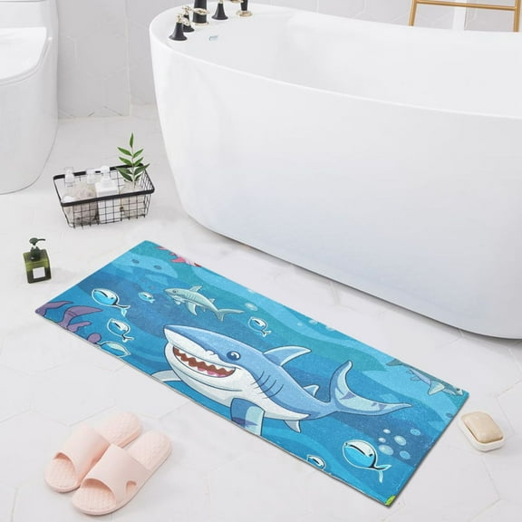Bath Mat Soft Plush Non-Slip Absorbent Bathroom Rugs 39"x20" Shark in Ocean
