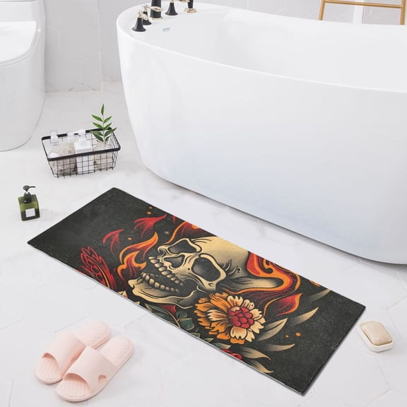 Bath Mat Soft Plush Non-Slip Absorbent Bathroom Rugs 39"x20" Skull Head Fire Flower