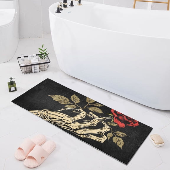 Bath Mat Soft Plush Non-Slip Absorbent Bathroom Rugs 39"x20" Skull Head and Rose