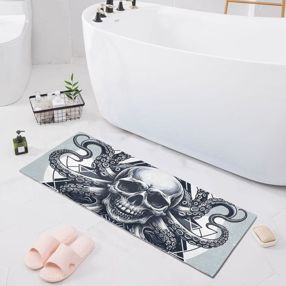 Bath Mat Soft Plush Non-Slip Absorbent Bathroom Rugs 39"x20" Skull Head with Octopus