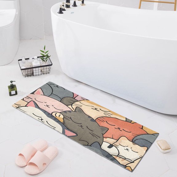 Bath Mat Soft Plush Non-Slip Absorbent Bathroom Rugs 39"x20" Sleeping Cats Face