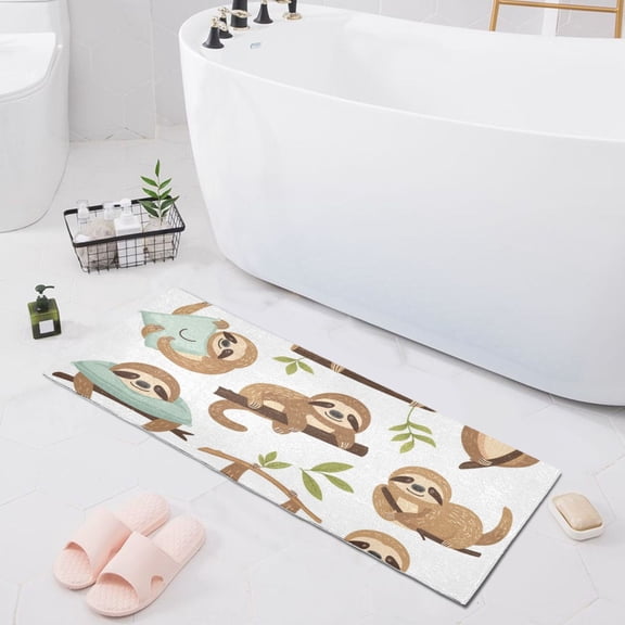 Bath Mat Soft Plush Non-Slip Absorbent Bathroom Rugs 39"x20" Sloths with Branch and Leaf