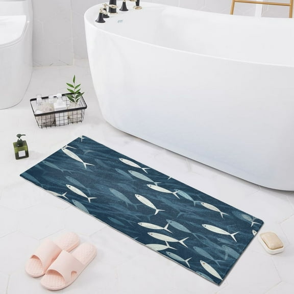 Bath Mat Soft Plush Non-Slip Absorbent Bathroom Rugs 39"x20" Small Fish Swimming