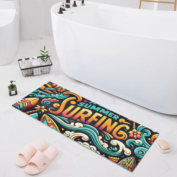 Bath Mat Soft Plush Non-Slip Absorbent Bathroom Rugs 39"x20" Summer Surfing Wave Ball Sun