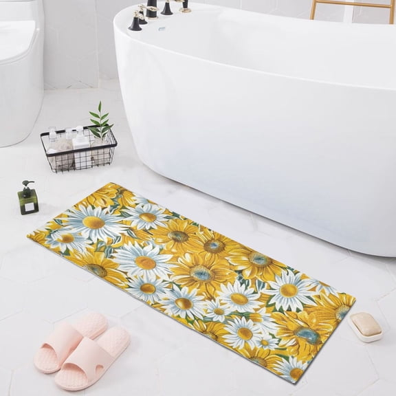 Bath Mat Soft Plush Non-Slip Absorbent Bathroom Rugs 39"x20" Sunflowers and Chrysanthemum