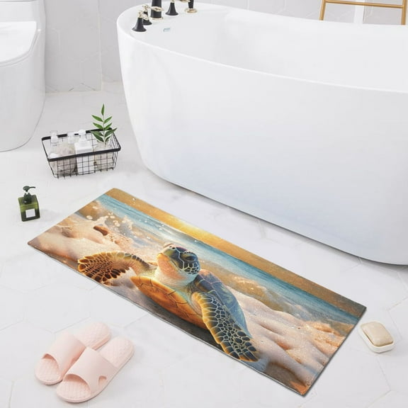 Bath Mat Soft Plush Non-Slip Absorbent Bathroom Rugs 39"x20" Tortoise Turtle on Beach