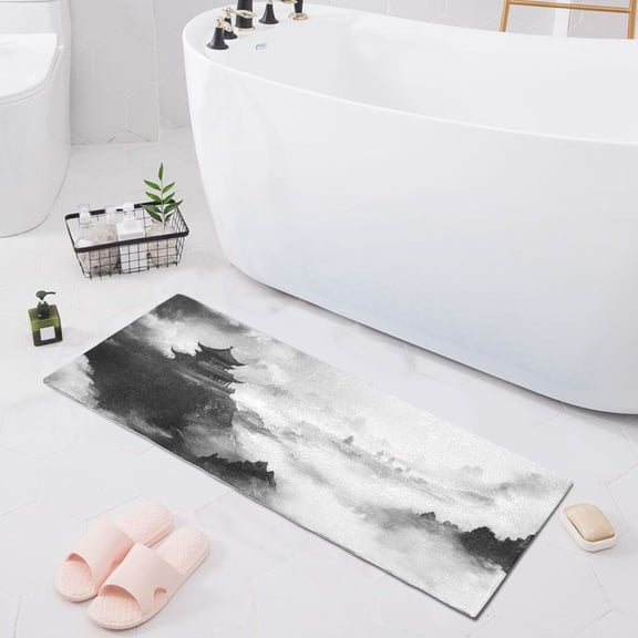 Bath Mat Soft Plush Non-Slip Absorbent Bathroom Rugs 39"x20" Traditional Chinese Ink Landscape
