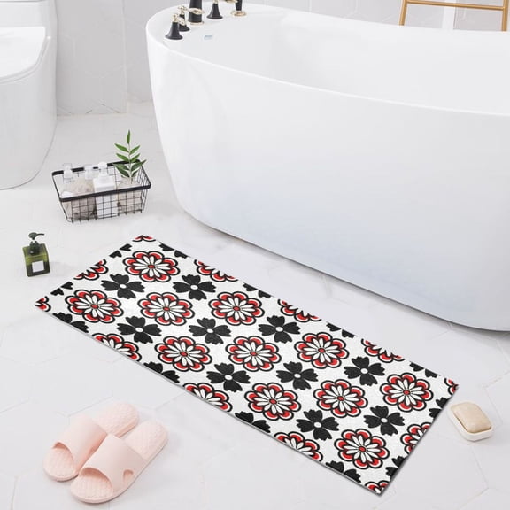 Bath Mat Soft Plush Non-Slip Absorbent Bathroom Rugs 39"x20" Traditional Japanese Flowers