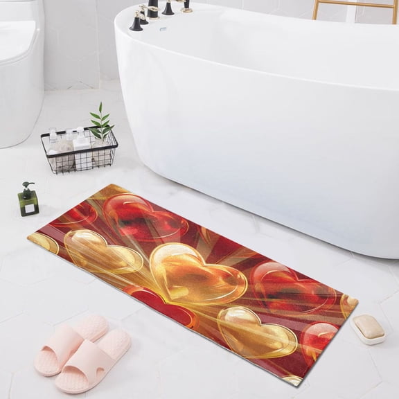 Bath Mat Soft Plush Non-Slip Absorbent Bathroom Rugs 39"x20" Translucent Gold and Red Hearts